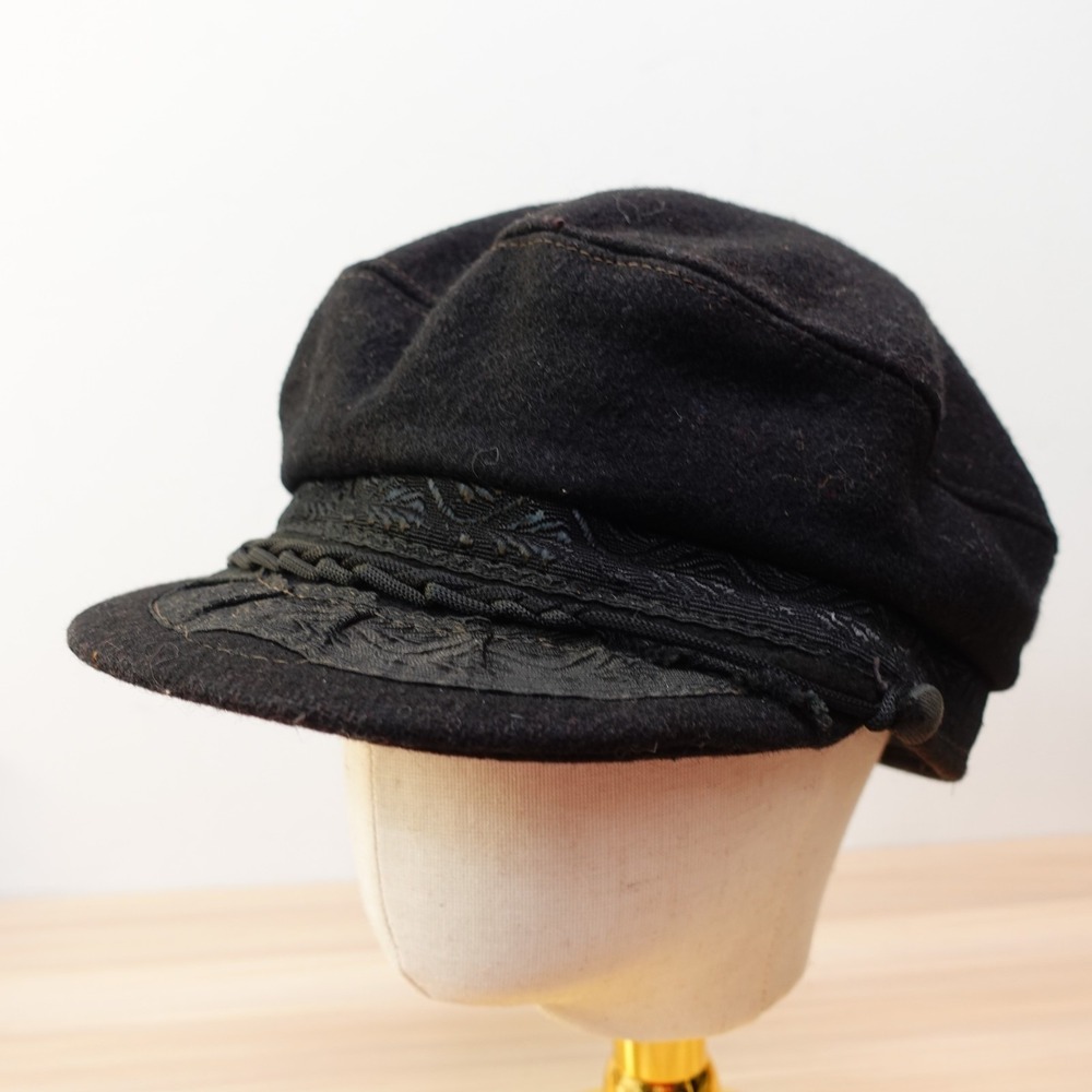 Vintage Greek Fisherman Cap M Fitted Black Woolen Fiddler Mariner Hat 70s Sailor